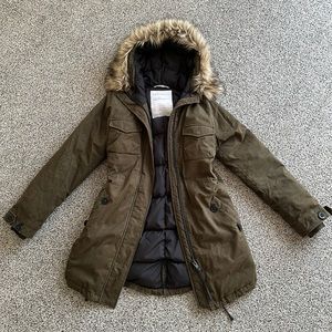 Aritzia Olive Green Parka with Faux Fur Hood